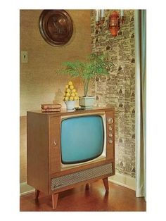 an old fashioned television sitting on top of a wooden stand next to a potted plant