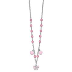 Rhodium over sterling silver polished children's pink enameled hearts and bow charm necklace with pink crystals. Chain measures approximately 13"L x 1/16"W + 1" Ext., bow charm measures 7/16"L x 3/8"W, heart charm measures 3/8"L x 1/4"W. Comes with spring ring clasp. Valentine's Day Pink Nickel-free Charm Necklace, Valentine's Day Pink Sterling Silver Charm Necklace, Pink Sterling Silver Necklace With Heart Beads, Pink Sterling Silver Charm Necklace With Heart Charm, Pink Sterling Silver Necklace With Heart Charm, Pink Necklace With Heart Charm For Birthday, Pink Sterling Silver Necklace With Charms, Mother's Day Pink Sterling Silver Charm Necklace, Nickel-free Pink Sterling Silver Charm Necklaces