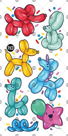 an assortment of balloons and confetti on a white background - miscellaneous objects characters