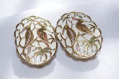 Vintage 1960s Clip Earrings: Large Enameled Brass Birds Gold White West Germany Gold Enamel Clip-on Earrings, Vintage Gold Enamel Clip-on Earrings, Vintage Clip-on Enamel Jewelry, Vintage White Enamel Pin, White Vintage Enamel Pin, Vintage Enamel Clip-on Earrings, Brass Birds, Birthday Candle Holder, Christmas Pins