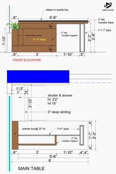 the plans for an outdoor kitchen are shown in blue and white, with measurements on each side