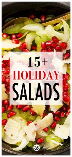 holiday salads with pomegranate, celery and apples in a black bowl