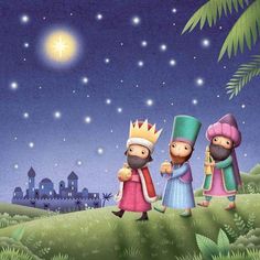 three wise men are standing in the grass at night, one is wearing a crown