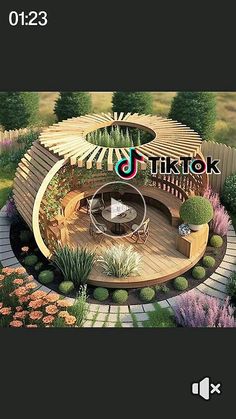 an artist's rendering of a garden with circular seating area and wooden decking