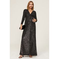 Black sequins (95% Polyester, 5% Elastane). Column. Long sleeves. V-neck. Pull on. 58" from shoulder to hemline. Imported. Holiday Evening Maxi Dress With Contrast Sequin, Fitted V-neck Sequin Fabric For Evening, Holiday Formal Maxi Dress With Contrast Sequin, Holiday Evening Maxi Length Sequin Fabric, Glamorous V-neck Sequin Gown, Evening Maxi Dress With Sequins, Holiday Evening Maxi Dress With Sequins, Festive V-neck Evening Gown, V-neck Maxi Dress For Gala Party Season