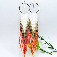 Western Fringe Hoop Earrings, Handwoven Seed Bead Hoops, Red and Gold Boho Hoop Earrings, Hippie Earrings, Holiday Gift for Cowgirl by MyJewelryShed on Etsy Handmade Small Hoop Beaded Earrings For Summer, Summer Small Hoop Beaded Earrings For Pierced Ears, Orange Beaded Hoop Earrings As A Gift, Orange Beaded Hoop Earrings For Gift, Bohemian Orange Hoop Earrings For Summer, Orange Small Hoop Bohemian Earrings, Orange Small Hoop Earrings For Summer, Small Hoop Earrings With Tiny Beads For Summer, Bohemian Small Hoop Orange Jewelry