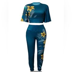 Elegant Floral Print Two-Piece Set, Crew Neck Half Sleeve T-Shirt & High Waist Pants Outfits, Women's Clothing Fitted Short Sleeve Athleisure Sets, Summer Stretch Short Sleeve Sets, Spring Athleisure Sets With Relaxed Fit, Summer Stretch Sets With Short Sleeve, Casual Green Fitted Pant Set, Casual Blue Sets For Spring, Summer Fitted Athleisure Sets, Fitted Floral Print Loungewear Sets, Casual Blue Pant Set For Loungewear