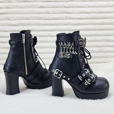 3 3/4" (95mm) Heel, 1 1/4" (32mm) Platform Adjustable Lace-Up Front Ankle Boots Heart Spider Web Buckle Top Strap W/ D-Rings W/ Various Dangling Charms And Bottom Heel Wrapping Harness & Buckle Dual Straps, Inside Metal Zip Closure New In Box Authentic Demonia Punk Style Platform Heeled Boots With Round Toe, Punk High Ankle Heeled Boots For Streetwear, Punk Style Platform Ankle Boots, Edgy Round Toe Heeled Boots For Concerts, Punk Ankle-high Moto Boots With Chunky Platform, Punk Style Chunky Platform High Ankle Heeled Boots, Punk High Ankle Heeled Boots For Alternative Fashion, Punk Style Moto Boots With Round Toe For Party, Punk High Ankle Heeled Boots With Reinforced Heel