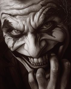 a drawing of the joker with his face painted black and white, holding his hand to his chin