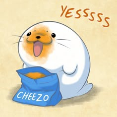 an animal with its mouth open sitting next to a blue bag that says cheezo