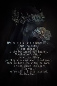 a woman with a veil and flowers on her head is shown in the dark text