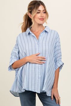 Light Blue Striped Collared Oversized Maternity Top – PinkBlush Oversized Blue Blouse For Vacation, Oversized Blue Top For Vacation, Spring Maternity Top With Long Sleeves, Maternity Long Sleeve Tops For Spring, Spring Maternity Long Sleeve Tops, Maternity Tops For Summer, Spring Maternity Cotton Tops, Pregnancy Outfits Summer, Maternity Capsule Wardrobe