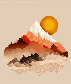 an abstract mountain scene with the sun in the background