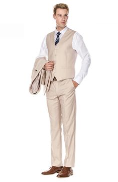 Bring understated elegance to the table in this three-piece suit crafted from rich fabric in a classic single-breasted silhouette. Jacket has notched lapels; chest welt pocket; front flap pockets Vest has front button closure; V-neck Pants have zip fly with button closure; front slant pockets; back button-welt pockets Jacket and vest are lined; trousers are lined to the knee 65% polyester, 35% viscose Dry clean Imported Each suit has a 6” drop, meaning that a size 38R jacket is paired with size Beige Notch Lapel Three-piece Suit For Work, Beige Three-piece Suit With Notch Lapel For Work, Beige Three-piece Suit For Workwear, Beige Three-piece Suit For Work, Beige Notch Lapel Three-piece Suit For Business Casual, Beige Three-piece Suit With Notch Lapel For Business Casual, Beige Three-piece Suit For Semi-formal Occasions, Beige Business Suit With Collar, Slim Fit Beige Suits For Business