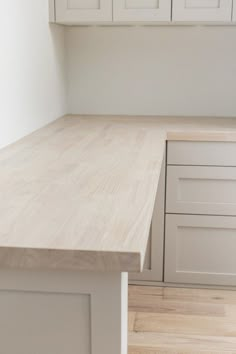 an empty kitchen with white cabinets and wood flooring on the counter top, is shown in this image