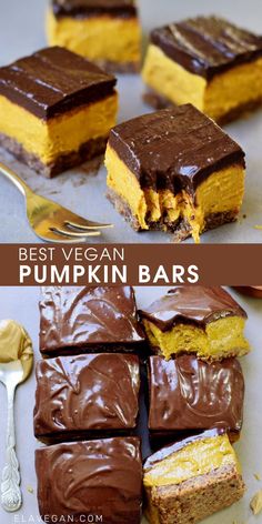 vegan no - bake pumpkin baby bars with chocolate frosting and peanut butter