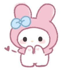 a drawing of a pink bunny with a bow on it's head and hands in front of her face