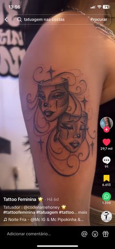 the back of a woman's arm with tattoos on it and an image of a face