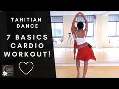 a woman standing on top of a wooden floor in front of a mirror with the words tahitin dance 7 basics cardio workout