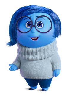 an animated character with blue hair and glasses wearing a sweater, standing in front of a white background