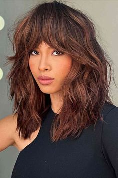 Layered and Choppy with French Bangs Choppy Layered Hairstyles, Warm Brown Hair, Choppy Haircuts, Face Framing Bangs, Blonde Layers, Medium Layered Haircuts, Different Hair Types, Midlength Haircuts, Round Face Haircuts