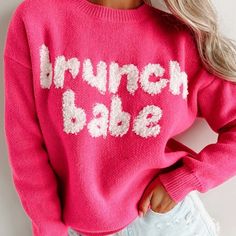 Mainstrip Boutique Brunch Babe Pink Acrylic Pullover Sweater. Nwt. Size Medium. Spring Letter Print Knit Sweater, Spring Knit Sweater With Letter Print, Cozy Spring Sweater With Letter Print, Cozy Letter Print Sweater For Spring, Spring Letter Print Knit Tops, Spring Knit Tops With Letter Print, Long Sleeve Winter Sweater For Brunch, Winter Brunch Tops, Trendy Fall Sweater For Brunch