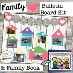 the family bulletin board kit is displayed on a wooden table with two pictures and an arrow