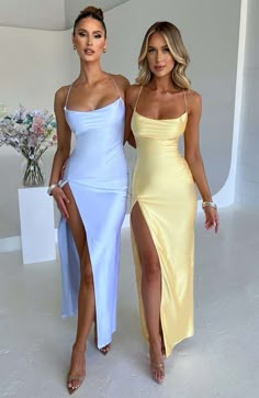 Misha Maxi Dress - Lemon – Babyboo Fashion Satin Guest Wedding Dress, Stretch Bias Cut Dress For Night Out, Fitted Satin Dress With Side Slits For Gala, Fitted Satin Dress With Side Slits For Evening, Satin Maxi Dress For Party Season, Satin Maxi Dress For Night Out Party Season, Fitted Backless Maxi Dress With Satin Finish, Fitted Satin Finish Backless Maxi Dress, Fitted Satin Dress With Side Slits