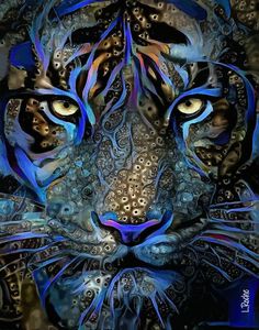 an abstract painting of a tiger's face with blue and gold details on it