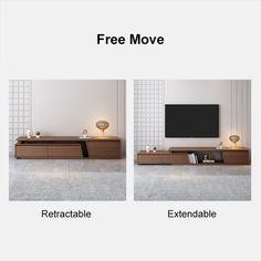 the tv stand is shown with two different images showing it's size and width