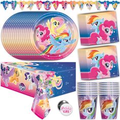 my little pony birthday party supplies including plates, napkins, cups and tableware