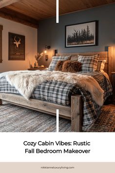 cozy cabin vibes rustic fall bedroom makeover with plaid bedding and fur throw pillows