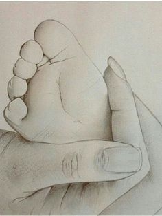 a drawing of a hand holding a baby's foot