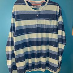 Tommy Hilfiger Blue/Green Striped Longsleeve. Pocket On Left Chest. 3 Buttons. Never Worn. No Defects. Casual Green Cotton Long Sleeve Top, Casual Blue Crew Neck Long Sleeve Top, Blue Relaxed Fit Long Sleeve Top With Crew Neck, Blue Cotton Long Sleeve Top, Blue Casual Long Sleeve Top For Fall, Casual Blue Long Sleeve Top For Fall, Casual Long Sleeve Blue Top For Spring, Blue Long Sleeve Top For Spring, Casual Blue Long Sleeve Top