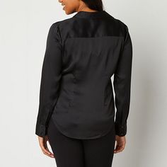 This satin women's blouse by Worthington is a tailored, on-trend essential to wear to the office with chinos or jeans and boots. It has a spread collar, v-neckline, long sleeves, button cuffs, a curved hem for easy layering, and a button-down placket.Closure Type: ButtonFit: Regular FitNeckline: Collar NeckSleeve Length: Long SleeveSleeve Style: Cuffed SleeveApparel Length: 25.75 InchesFiber Content: 100% PolyesterFabric Description: SatinCollar: Point CollarCare: Tumble Dry, Machine WashCountr… Slim Fit Blouse With Button Closure For Work, Sleek Slim Fit Tops For Workwear, Sleek Slim Fit Tops For Work, Slim Fit Blouse With Buttons For Business Casual, Slim Fit Button Blouse For Business Casual, Sleek Collared Top With Button Closure, Slim Fit Button-up Blouse With Button Closure, Slim Fit Button-up Office Top, Sleek Fitted Blouse With Buttons