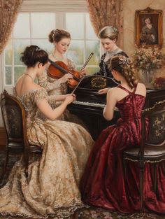 three women are playing the violin in front of a piano and another woman is sitting down