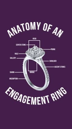 anatomy of an engagement ring on a purple background