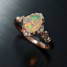 Faceted Wedding Bands, Antique Opal Ring, Fire Opal Engagement Ring, Rose Gold Halo Engagement Ring, Oval Halo Engagement Ring, Vintage Inspired Engagement Rings, Engagement Ring Halo, Opal Engagement Ring, Engagement Rings Vintage Halo