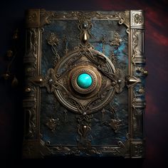 an ornate metal book with a turquoise stone in the center on a dark background,