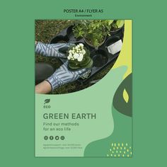 the green earth flyer is shown with flowers in pots and plants on top of it