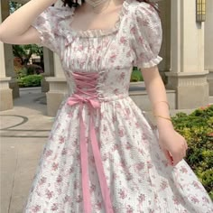 Cute Pink Dress Casual Summer, Floral Corset Midi Dress, Bow Dress Aesthetic, Corset Floral Dress, Casual Dress Summer, Elegant Floral Dress, Korean Princess, Tea Dresses, Princess Fairy