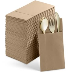 a stack of brown paper bags with forks and spoons