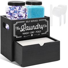 the laundry box is filled with soap and other items to use as a holder for toiletries