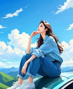 a woman sitting on top of a car in front of a blue sky with clouds