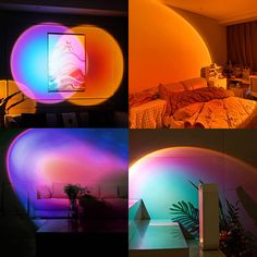 four different images of the same room, one with a bed and another with a couch