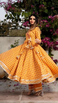 Anarkali Orange Kurta With Printed Motifs, Orange Anarkali Kurta With Printed Motifs, Bollywood Style Block Print Anarkali Set For Designer Wear, Block Print Anarkali Salwar Kameez In Mulmul, Anarkali Mulmul Salwar Kameez With Block Print, Festive Orange Anarkali Set With Printed Motifs, Orange Anarkali Salwar Kameez With Printed Motifs, Navratri Block Print Mulmul Salwar Kameez, Navratri Mulmul Salwar Kameez With Block Print