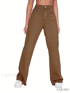 Lasaky - Chic High-Waisted Straight Jeans with Relaxed Fit, High Rise, and Classic Slash Pockets - Womens Denim Apparel Collection Trendy Brown Bottoms, Chic High Rise Brown Jeans, Trendy High Waist Brown Jeans, Trendy Brown High Waist Jeans, Trendy Brown High-waist Jeans, Brown High-waisted Cotton Jeans, Brown Cotton High-waisted Jeans, Chic Brown Relaxed Fit Jeans, Brown Cotton Bottoms Solid Color