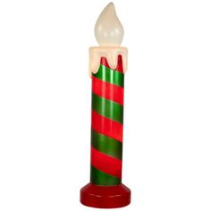 Add a nostalgic touch to your outdoor holiday display with this retro red and green striped candle. Crafted from durable blow mold construction, this classic decoration features vibrant colors and lights up with two C7 clear bulbs, creating a warm and inviting glow that captures the charm of Christmases past. Perfect for adding festive cheer to your yard or porch. Product Features: Outdoor candle decoration. Lighted with clear bulbs. Bulb size: C7. Bulb type: incandescent. 60" white lead cord. R Candy Cane Candle, Outdoor Candle, Classic Decoration, Candle Decoration, Outdoor Candles, Holiday Display, Blow Molding, Classic Decor, Holiday Memories