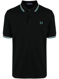 black/white/teal blue cotton embroidered logo at the chest striped edge polo collar front button placket short sleeves straight hem