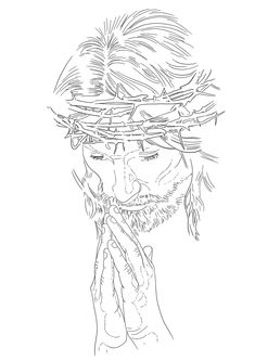 a drawing of jesus holding his hands to his face while wearing a crown of barbed wire